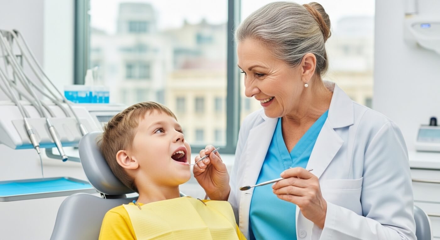 A female dentist examining a child